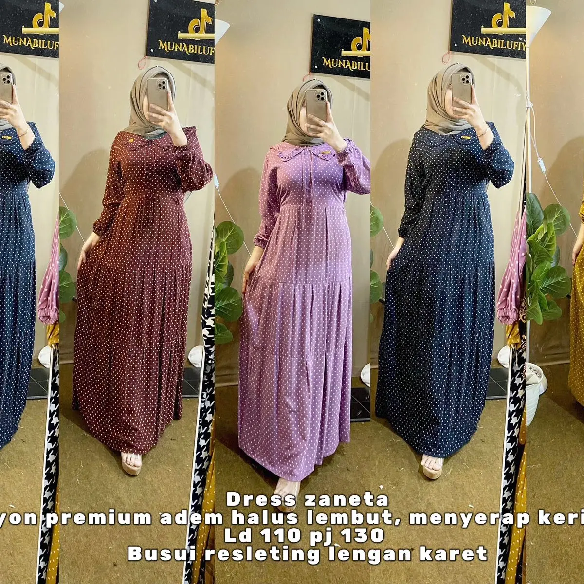 Dress Zaneta polkadot // rayon premium // busui resleting // kain enak adem // Muslim // Kerah panjang