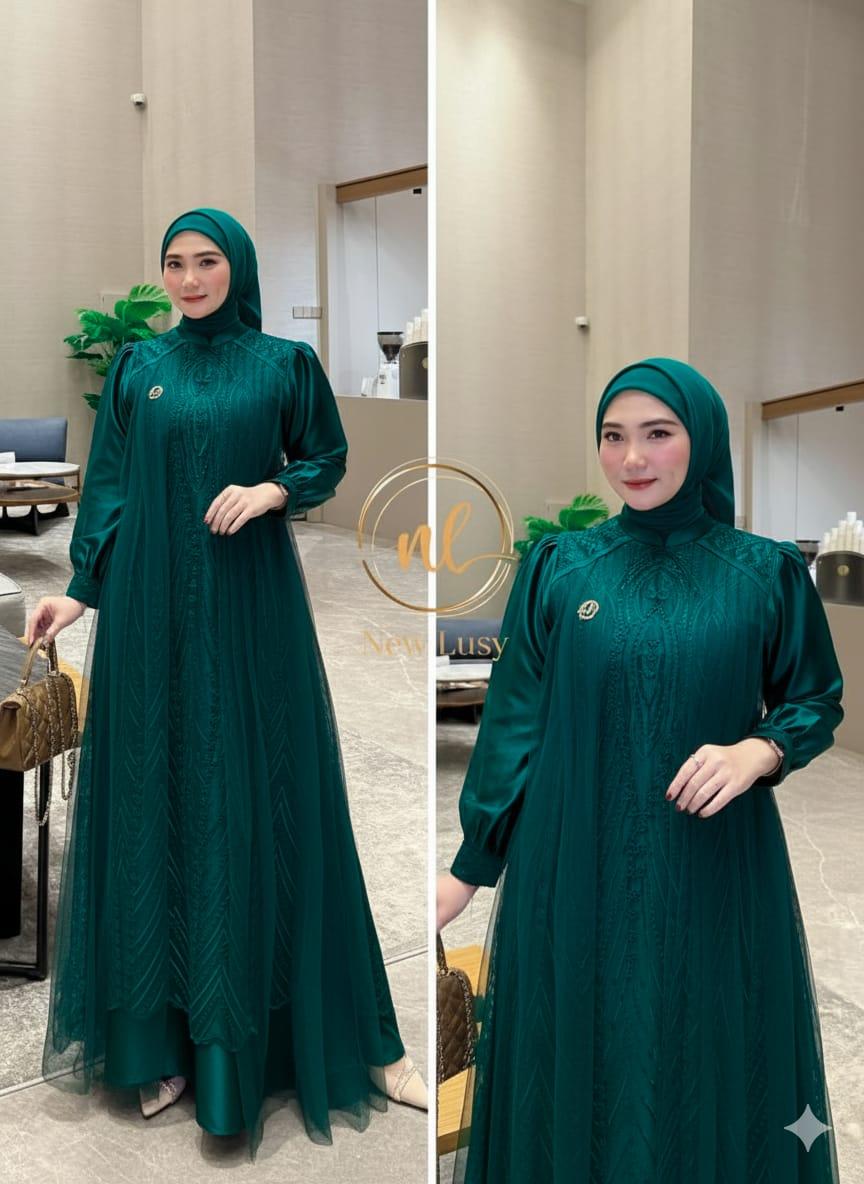 Leya Dress Bahan Satin Velvet Mix Brukat Tille Gamis Pesta Kondangan Simpel Elegant Warna Mahogany