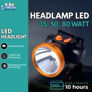 Senter Kepala LED 35W/50W/80W Headlamp Dual Cahaya Putih & Kuning Rechargeable Sorot Jauh Super Terang untuk Outdoor Pancing Camping Kerja Malam