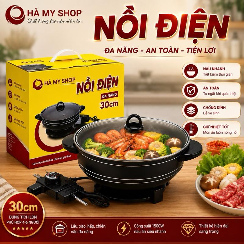 Nồi Điện Đa Năng Chống Dính Bền Đẹp 1200W 26cm 28cm 30cm Tròn Sang Trọng Tiết Kiệm Điện Nấu Ăn Nhanh
