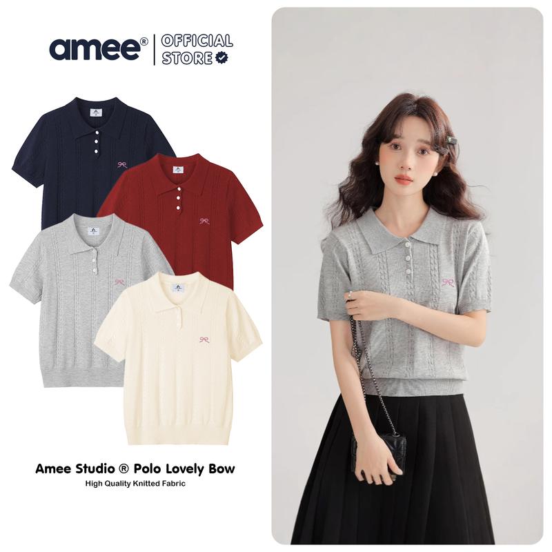 Áo Polo Nơ Thêu Cổ Bẻ Ngắn Tay Len Dệt Kim Amee Studio Local Brand Dành Cho Nữ
