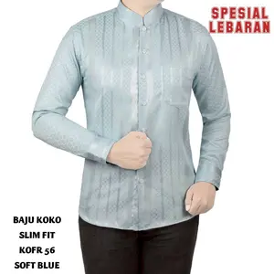 BAJU KOKO MUSLIM PRIA KEMEJA KOKO PRIA SLIM FIT LENGAN PANJANG FORTUN REMO SOFT BLUE MEWAH