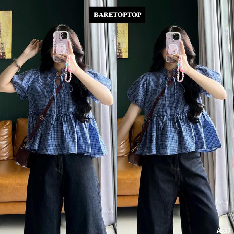 BARE_Áo Babydoll Kẻ Cổ Tàu Buộc Dây Cộc Tay Áo Babydoll Nữ Ngắn Tay Buộc Nơ Dáng Rộng Chất Thô_A557,A621