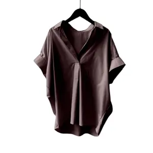 PRQUEEN Cocoa Top Kemeja Basic Casual Korean Style Baju Atasan Oversize Wanita Formal fit XXL Kerah V-neck Katun Rayon Twill Tangan Pendek Nyaman Lembut untuk Cewek
