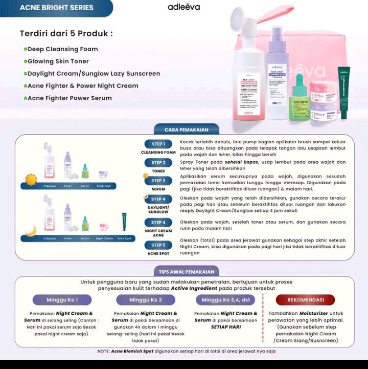 [ADLEEVA Minva] - (Paket  Pemula ISI 4) WHITENING Glow Booster / ACNE Bright Series Basic - Mencerahkan bantu samarkan flek hitam, Paket perawatan kulit berjerawat dan bekas jerawat secara maksimal BPOM HALAL 2