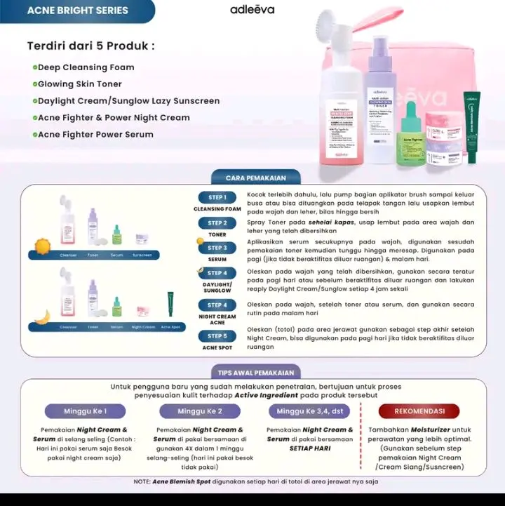 [ADLEEVA Minva] - (Paket  Pemula ISI 4) WHITENING Glow Booster / ACNE Bright Series Basic - Mencerahkan bantu samarkan flek hitam, Paket perawatan kulit berjerawat dan bekas jerawat secara maksimal BPOM HALAL 1