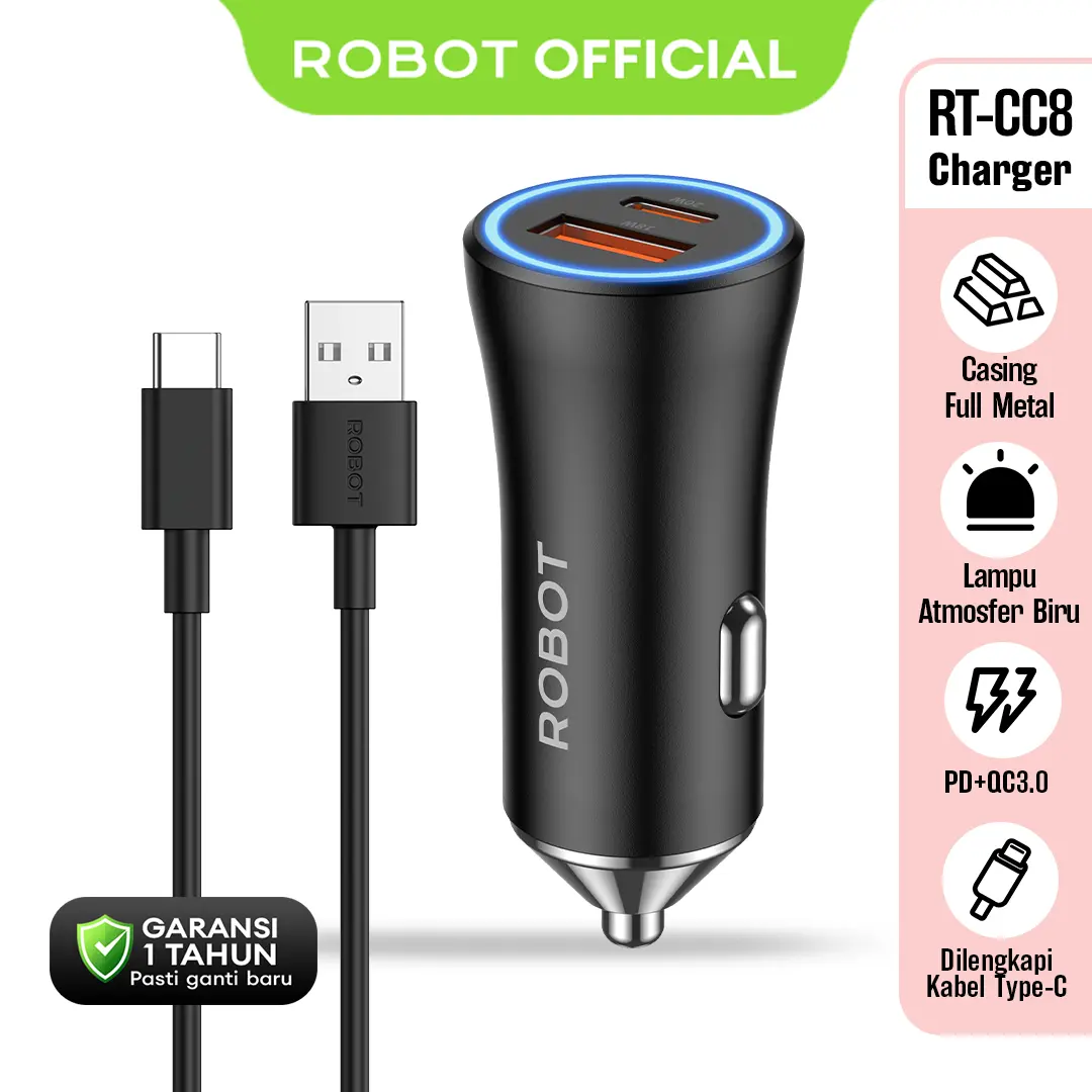 ROBOT Charger Mobil RT-CC8 Car Charger Dual Port 38W Fast Charging PD 20W QC 18W dengan Kabel Type C dan Casing Full Metal- Garansi 1 Tahun - Bisa COD
