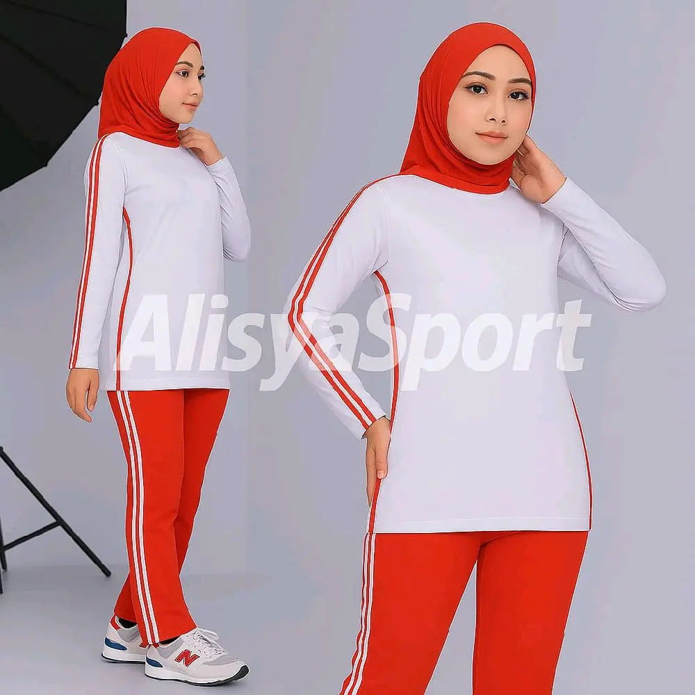 Setelan/Atasan panjang/Celana CBR das 2 panjang Merah-putih,olahraga wanita, Senam santai setelan lis 2 panjang
