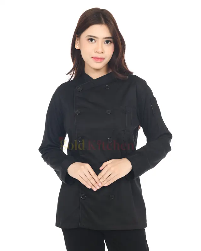 Baju Koki Chef Jacket Seragam Kerja Pria Wanita Lengan Panjang Pendek Model Mandarin Bahan Drill Merk Gold Kitchen Hitam Safety Bordir 4