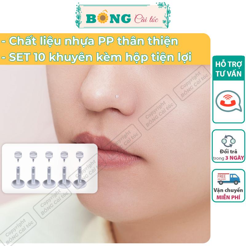  Set kèm hộp khuyên mũi nhựa trong suốt đầu tròn dẹt giữ lỗ không gây kích ứng KMU20 - khuyên nhựa BÔNG Cài Tóc 