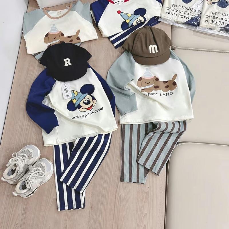 Disney SET 2 BỘ DÀI TAY MICKEY QUÂN KẾ CHO BÉ HN18 - Áo thun và quần dài kẻ sọc cho bé yêu