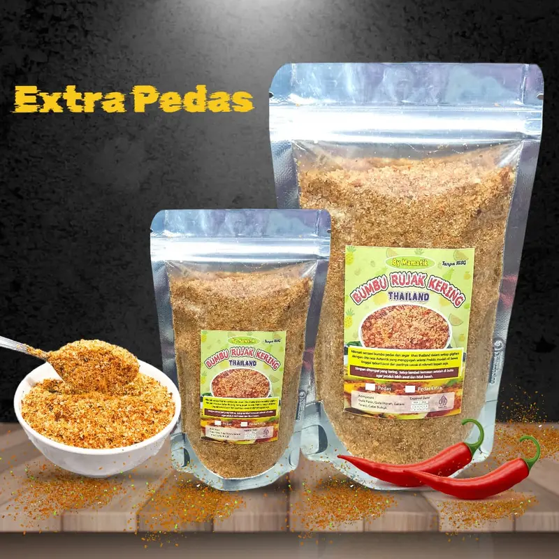 Bumbu Rujak Bangkok Kering Pedas & Extra Pedas 2pcs / Sambal Tabur Buah Jambu Mangga Muda Instan Spices Bubuk Bebas Msg Bahan Sayur Asam Jamur Kuning Cabai Powder 4