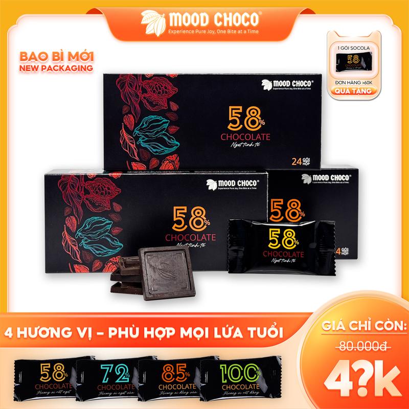 Socola Đen Nguyên Chất Thơm Ngọt Nhẹ 58% Sô Cô La Thanh Gói Hộp 24 Gói MOOD CHOCO