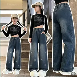 Celana Kulot Jeans Anak Perempuan Skena Style - Bordir Pita Lucu Usia 6-13 Tahun - Highwaist Denim Kids