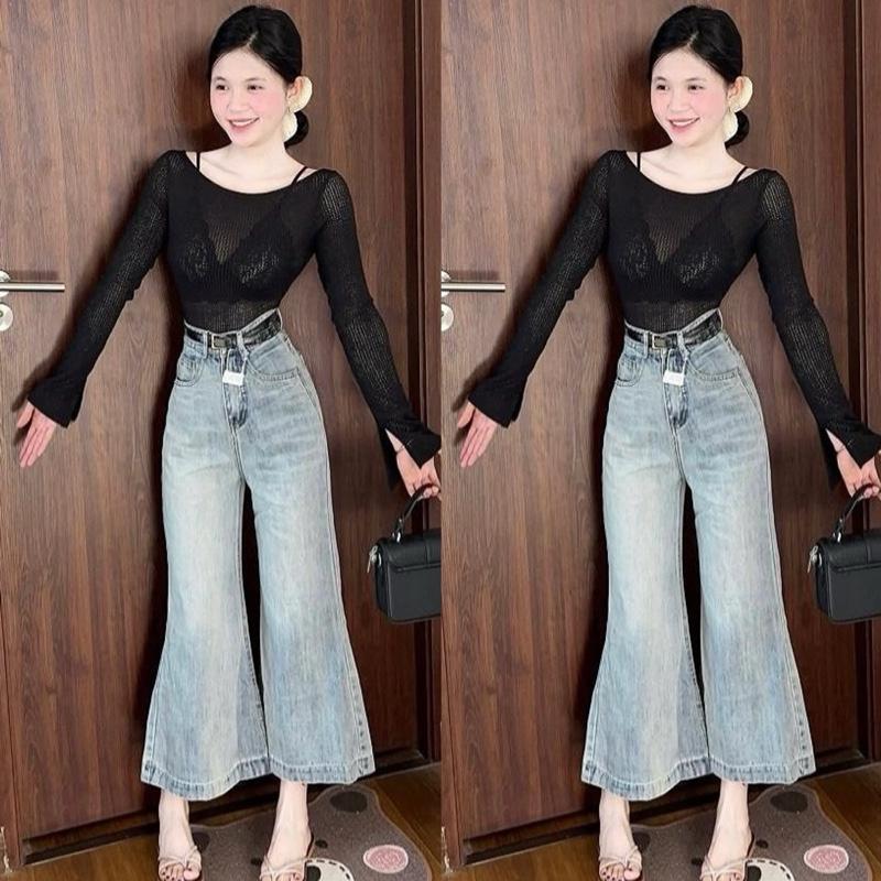 87cm&94cm -XS S M L Quần Jean Suông Loe 9 Tấc Lưng Cao Tôn Dáng