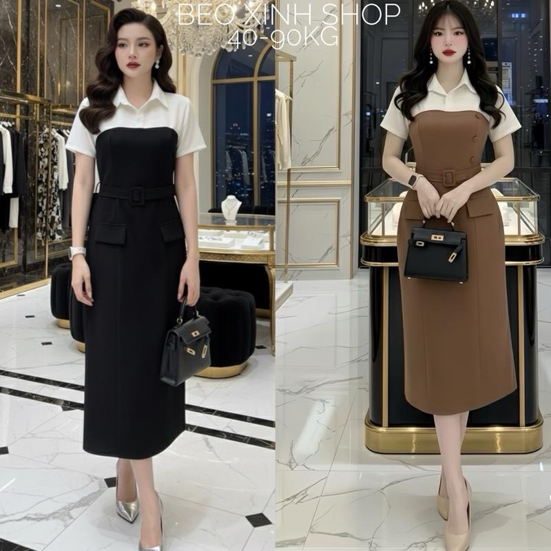 Váy Thiết Kế Công Sở Phối Cổ Sơ Mi (Vải Tuyết Mưa) Dày Dặn Cao Cấp Thanh Lịch Cho Các Nàng Bigsize 40–95kg Thời Trang Nữ Béo Xinh Shop - A.1590