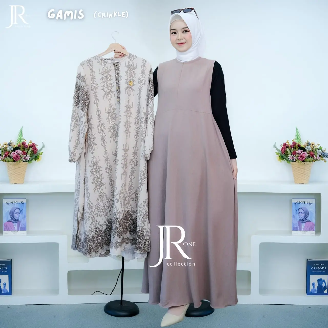 Baju Setelan Wanita Muslim Satu Set Long Tunik Motif dan Inner Dress Polos Bahan Crinkle Aleva Mix Airflow Allsize Muat Sampai Ukuran Jumbo