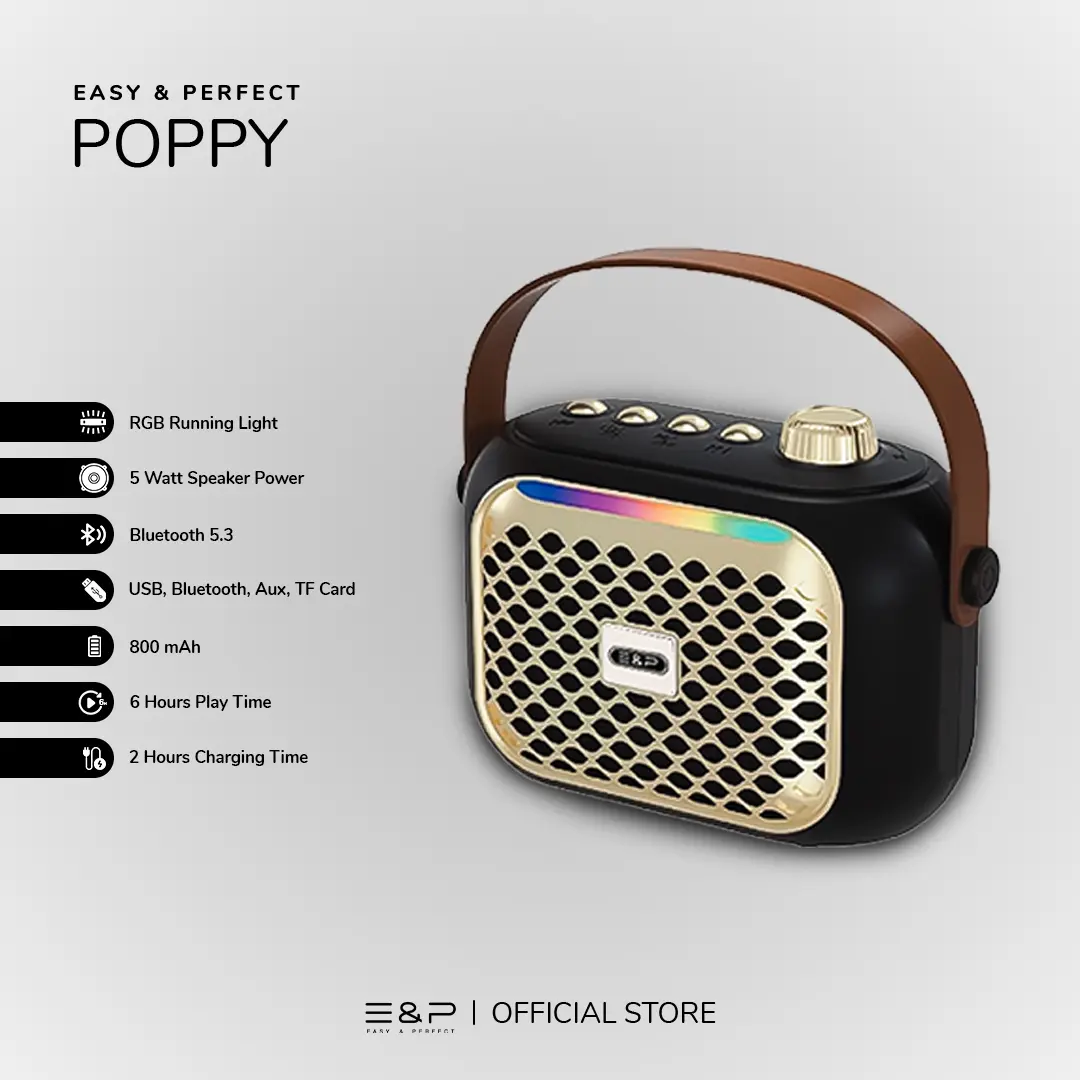 Easy & Perfect POPPY | Without Box & Mic | Bluetooth Speaker Portable with RGB Running Light | 5 Watt Speaker Power with 6 Hours Play Time
