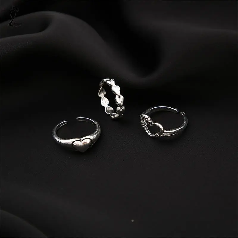 【lingerly】3pcs Cincin Model Terbuka Desain Gelombang Hati Warna Silver Gaya Vintage Untuk Wanita Z 3