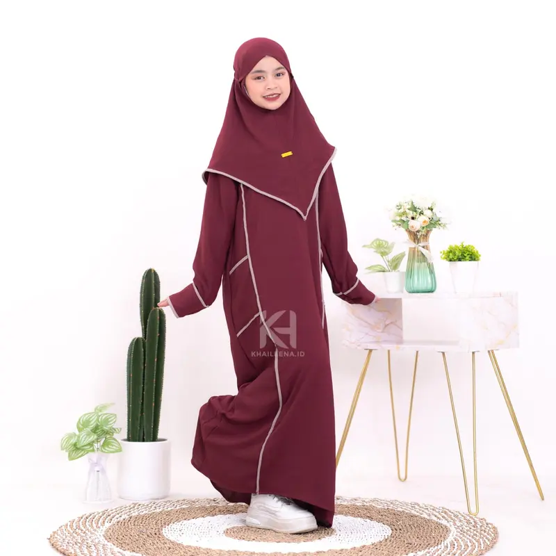 Abaya Anak Set Hijab Baju Gamis Anak Perempuan Umur 5-13 Tahun Model Kombinasi List - Crinkle, Airflow Dress Muslim Variasi Hitam Putih Brown Maroon 3