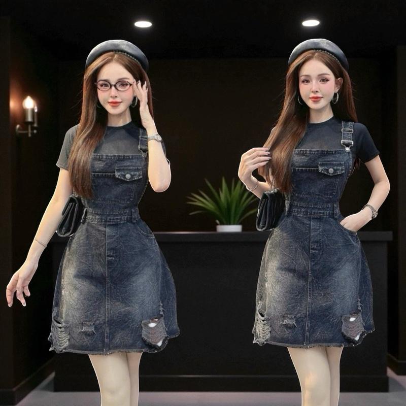 Yếm váy jeans CRAZYTEEN dáng chữ a gài dây yếm đơn giản Váy yếm jeans Áo thun áo thun nữ váy xinh S6369