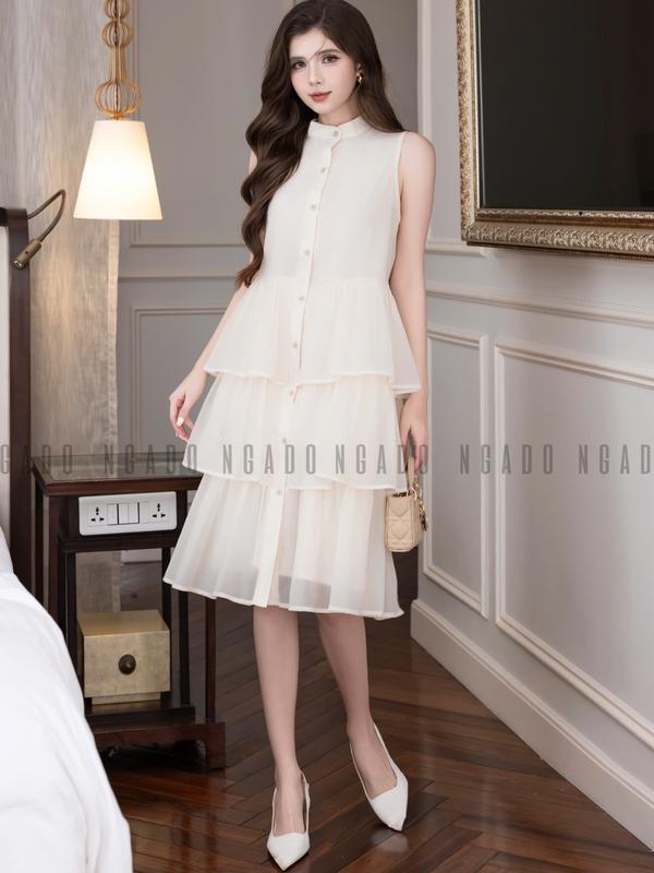 Đầm babydoll kem vàng cổ trụ NGADO đầm babydoll đầm Nữ