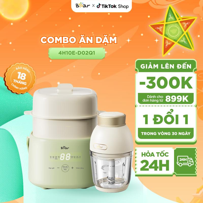 [Tặng cẩm nang ăn dặm] Combo Ăn Dặm Nồi Nấu Chậm BEAR 1L 4H10E Nồi Chưng Yến Và Máy Xay Ăn Dặm Cầm Tay D02Q1 6 Lưỡi Dao Xay Thịt Cá Rau Củ cho Bé