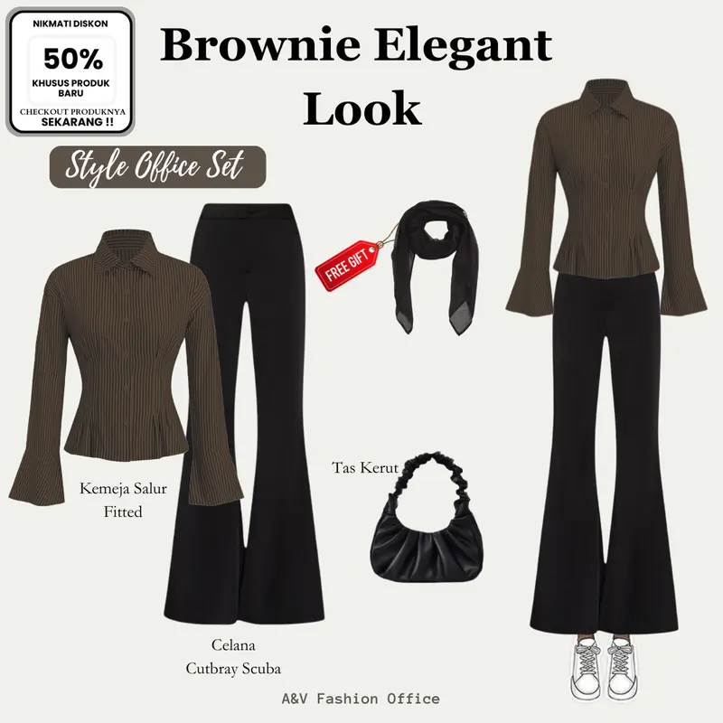 ( TERBARU!! ) Setelan Wanita Kemeja Salur fit Body, Celana Cutbray Hitam, dan Tas Bahu Kece| SET 073 0