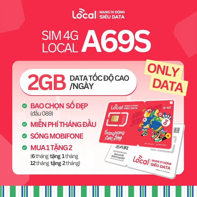Sim Data 4G Local A69S 60GB/Tháng Tốc Độ Cao Miễn Phí Nội Mạng Không Giới Hạn Miễn Phí Tháng Đầu Tiên 0