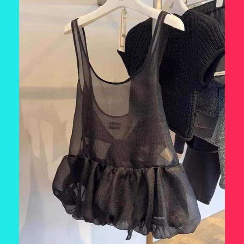 Áo Yếm Thiết Kế Hợp Xu hướng, Đẹp, Độc Đáo, Màu Đen, Cổ Chữ U, Lớp Nụ Hoa Lưới, Áo Sơ Mi Xếp Lớp, Thích Hợp Cho Mùa Xuân Năm Nay, 2025