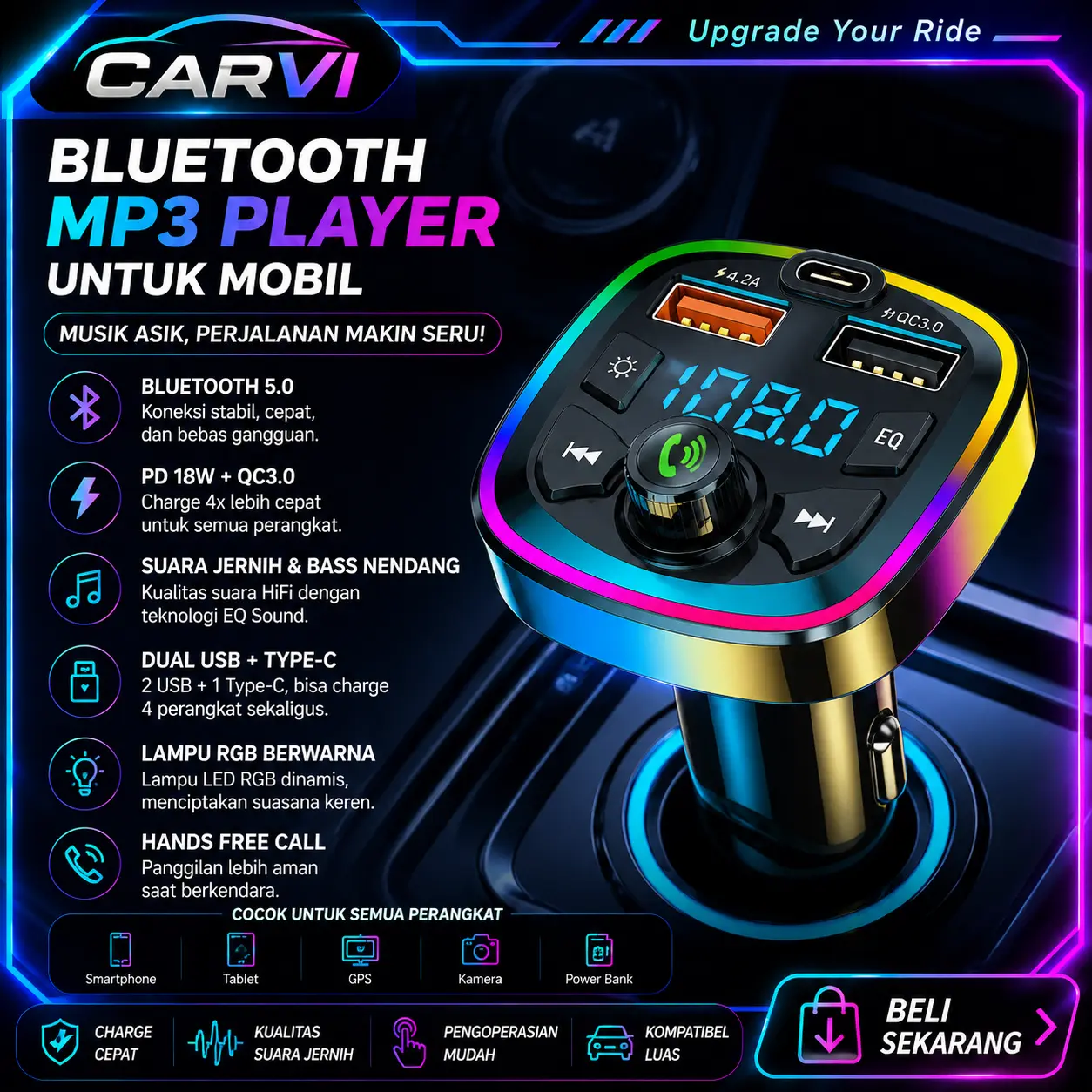 (CARVI) Pemutar Bluetooth Mobil MP3 Cas HP Ngebut 4.8A USB Type C Suara Jernih [Ready Stock]