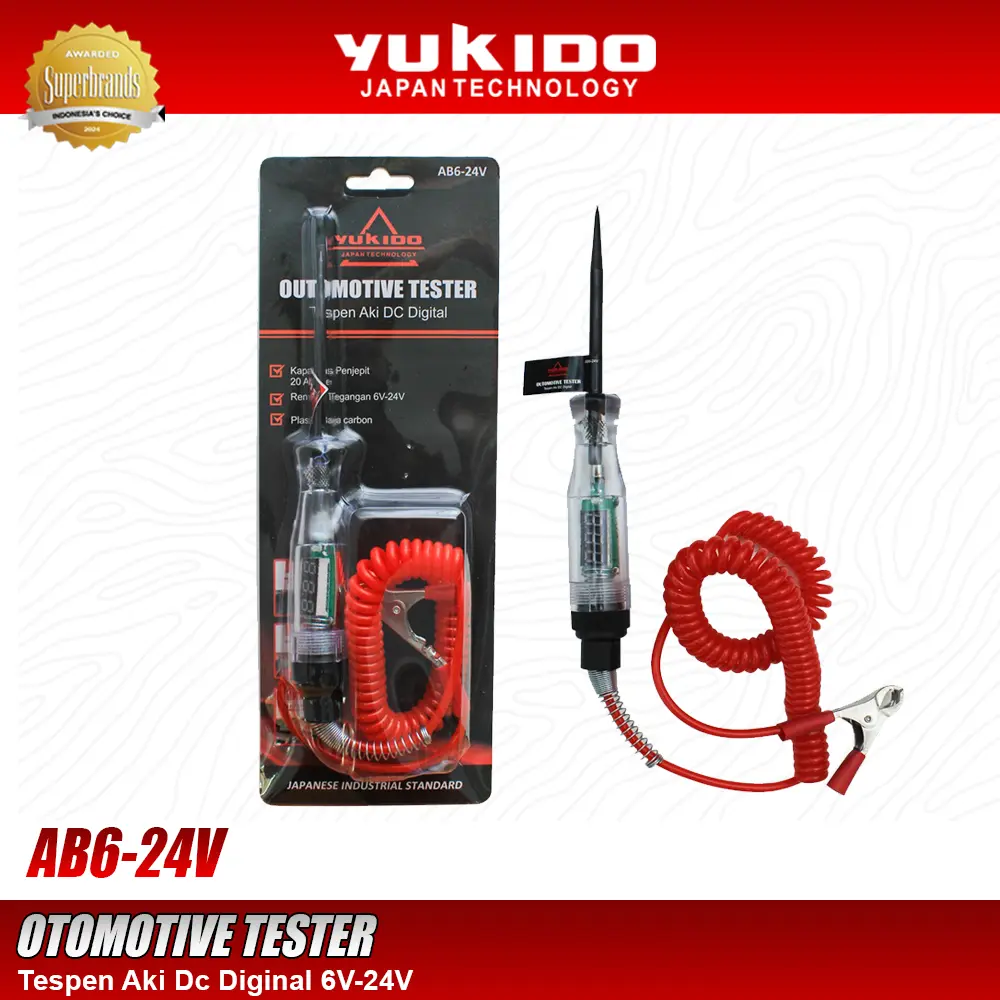 YUKIDO Tespen Aki DC Digital 6V-24V Automotive Tester AB6-24V Kabel Spiral Carbon Steel Point Alat Cek Kelistrikan Mobil Motor Mekanik Otomotif