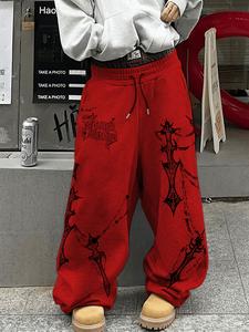 ゴシッククロスチェーンプリント カジュアルパンツ ユニセックス、ルーズストレートドローストリング スウェットパンツ、デイリーに快適なストリートウェア