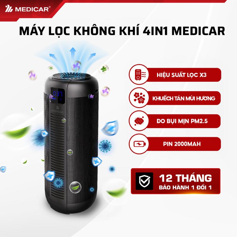  Máy lọc không khí ô tô PRO 4in1 Medicar - Khử mùi diệt khuẩn Khuếch tán tinh dầu Đo bụi mịn Sạc dự phòng 