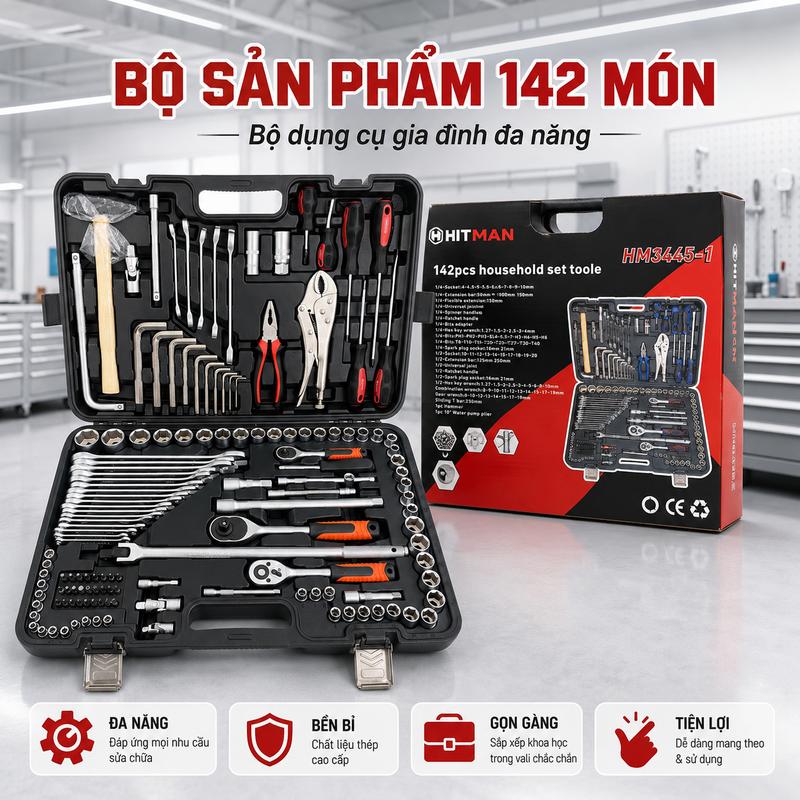 BỘ DỤNG CỤ SỮA CHỮA ĐA NĂNG 142 MÓN HITMAN – BỀN BỈ, TIỆN LỢI & CHUYÊN NGHIỆP