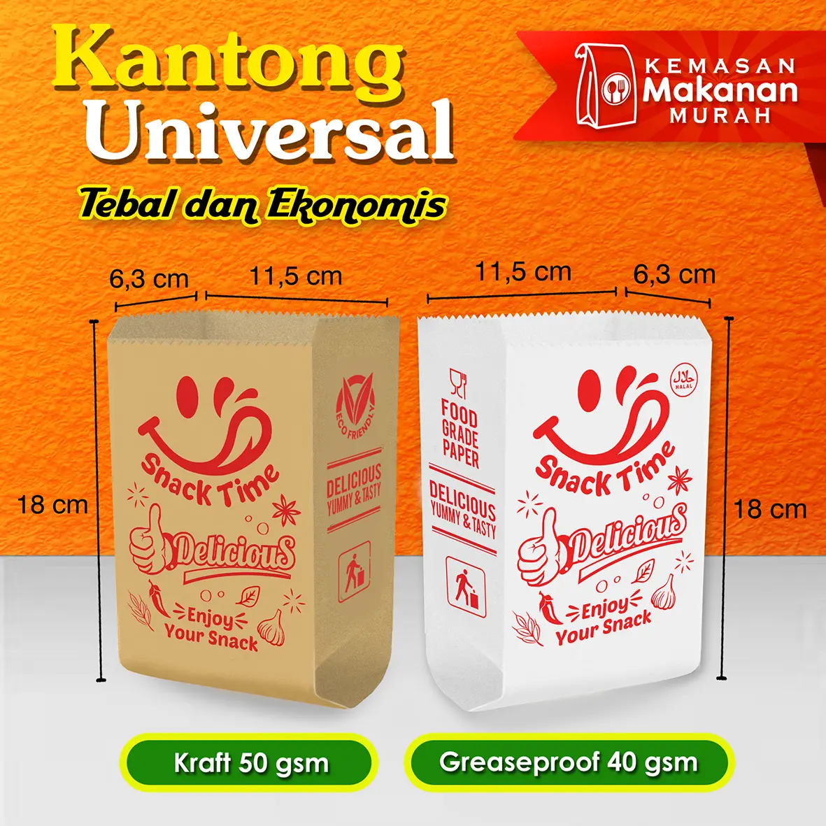 Kantong Kertas Makanan Universal Snack Time Isi 100 Pcs / Bungkus Makanan, Kertas Gorengan - Greaseproof 40 Gsm & Kraft 50 Gsm