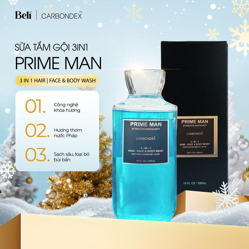  Sữa tắm Dầu gội Sữa rửa mặt cho Nam Carbondex PRIME MAN 3in1 295ml. Hương nước hoa lôi cuốn lưu hương 1h-3h. Làm sạch sâu. 