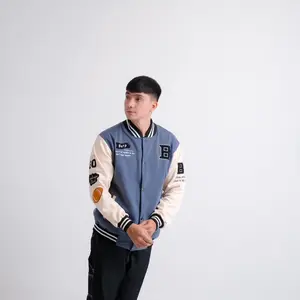 Jaket Varsity Baseball Full Bordir Pria Wanita Bahan Fleece Tebal Ukuran M L XL Denim