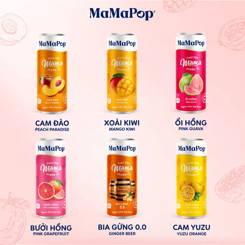 Mamapop thùng 12 lon nước trái cây sparkling vị Bưởi Hồng 330ml 3