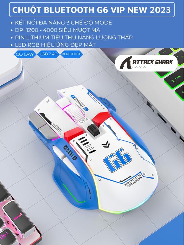 Chuột Gaming Không Dây Attack Shark G6  3 Chế Độ Kết Nối, App Tùy Chỉnh Gaming, DPI 4000, 13 Chế Độ Đèn RGB 1