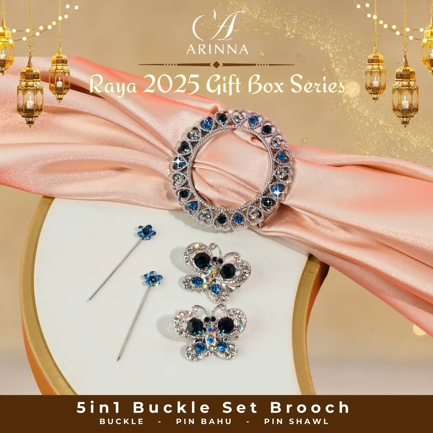Arinna Buckle Brooch Tudung Clips 5in1 Set Gift Box Cincin Bawal Scarf Fahshion Accessories Hijab Pin Women Raya 2025 Trend Lili jena