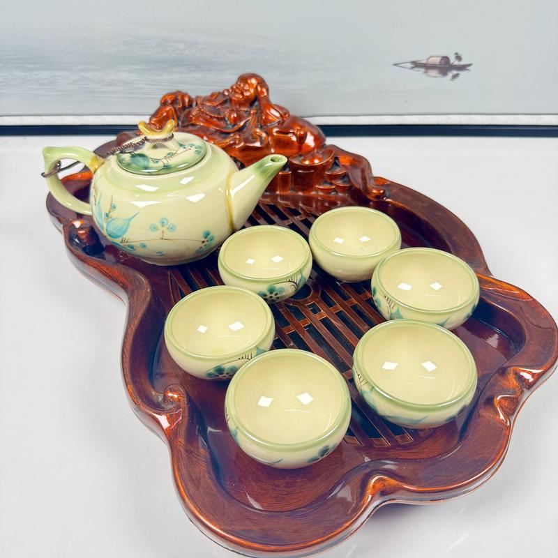 Bộ ấm trà Bát Tràng sứ Thanh Đào kèm khay hoặc đĩa kê tùy chọn