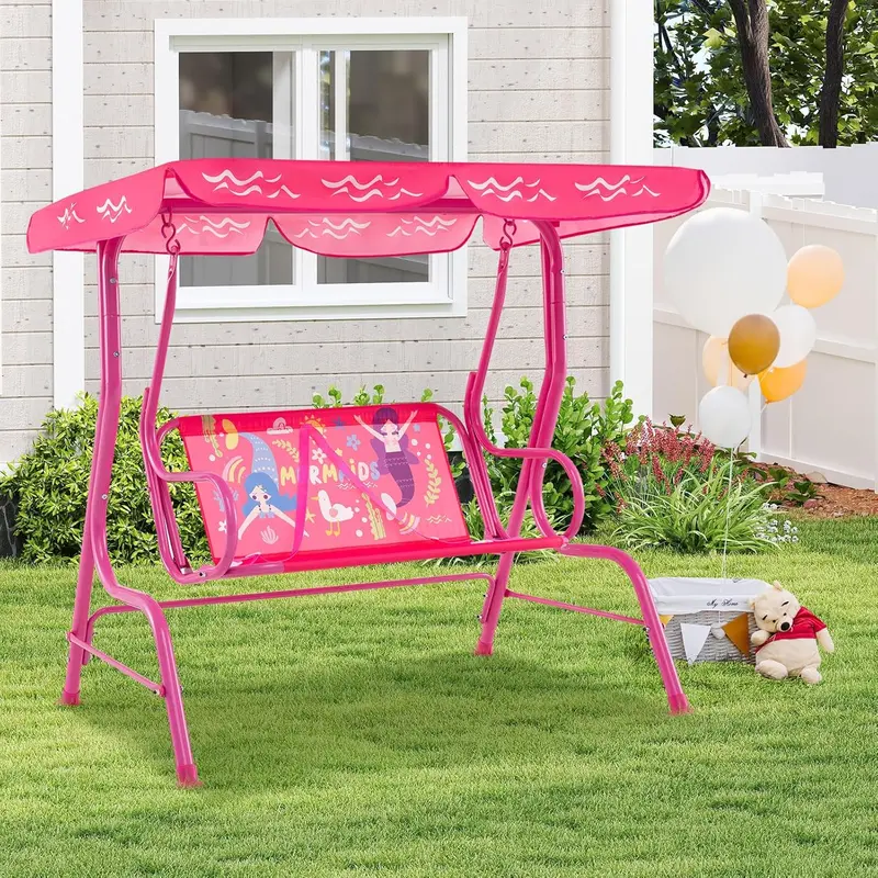GYMAX Kids Patio Swing Chair, 2 Seats Garden Swing Bench with Adjustable Canopy and Safety Belts, Porch Swinging Lounger Seater for Outdoor & Indoor 2