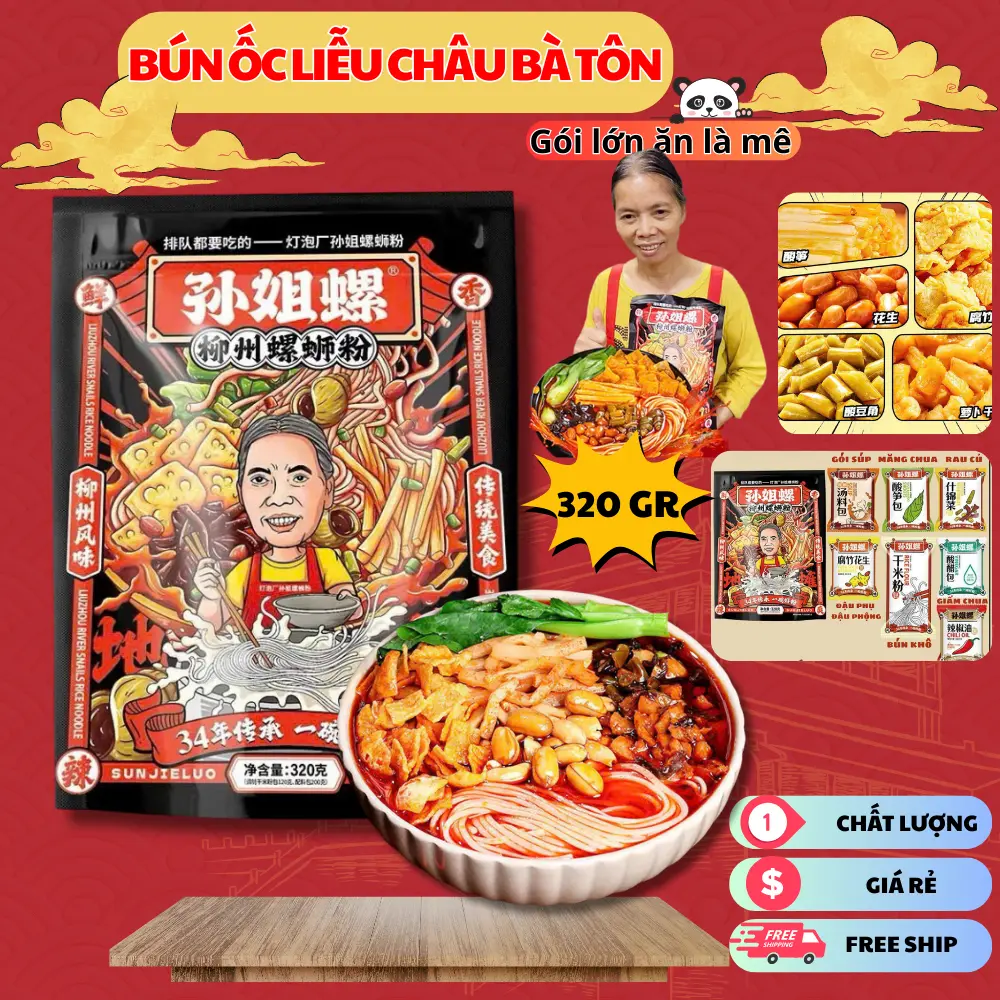 Bún Ốc Bà Tôn Gói 320g - Thơm - Ngon - Cay tê, Bún ốc Liễu Châu