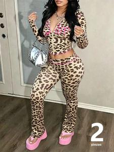 Conjunto de dos piezas para mujer con estampado de leopardo: sudadera con capucha y cremallera con pantalón ajustado, estilo callejero Y2K, moda casual para uso diario