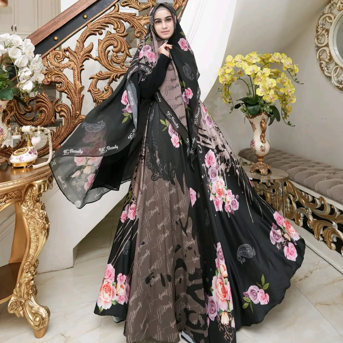 Gamis Jumbo Syari printing  Motif  Gamis  Dewasa Muslim pesta jumbo LD 110-130