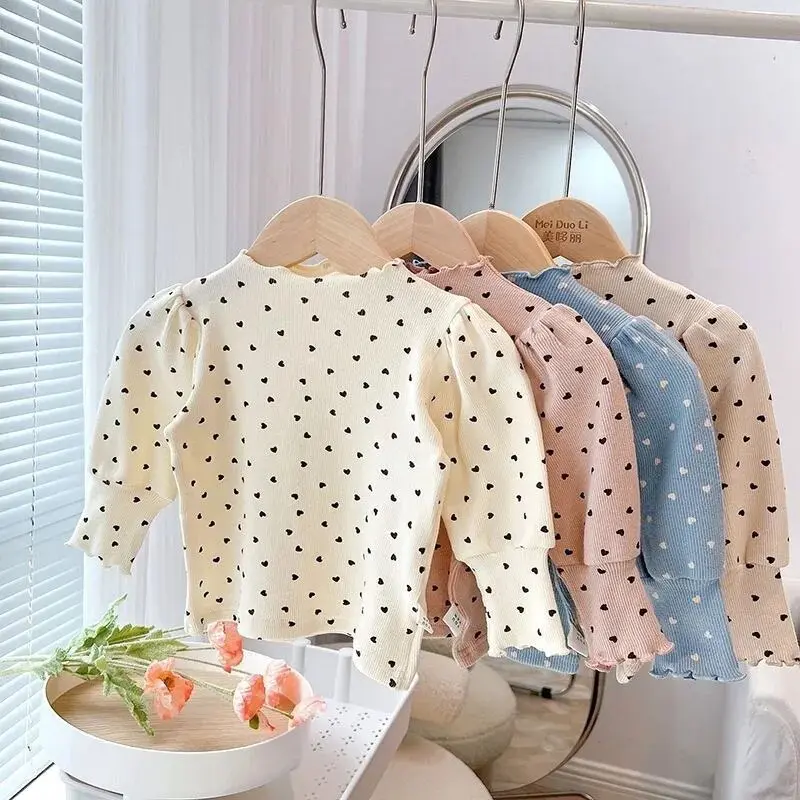 3-7 Years Kids Girls T-Shirt Autumn Spring Half-turtleneck Puff Sleeves Heart Pattern Long Sleeved Cotton Tops