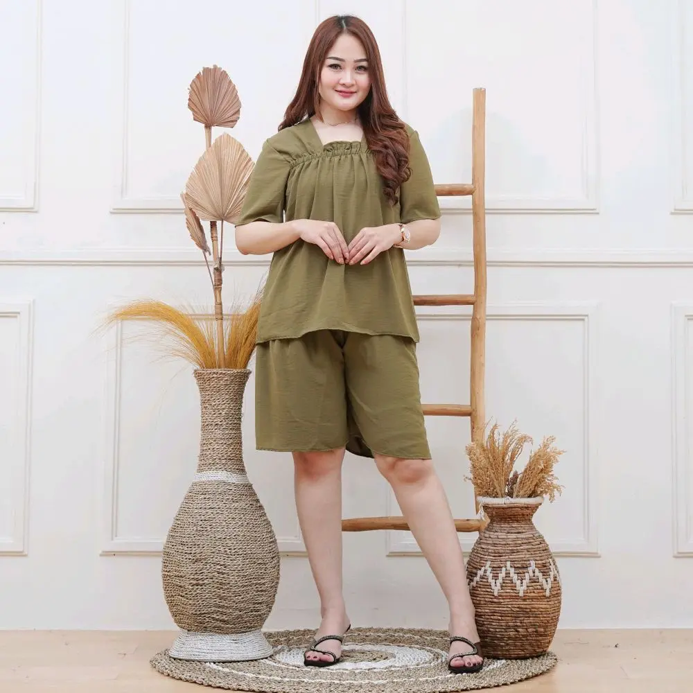 One Set Fuji Lengan Pendek Crinkle Airflow Premium Setelan Wanita Baju Santi Kekinian