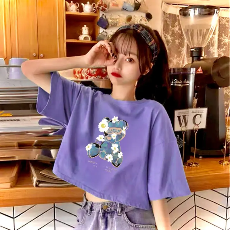 KAOS CROP TOP OVERSIZE BEAR FLOWER WANITA Combed 2