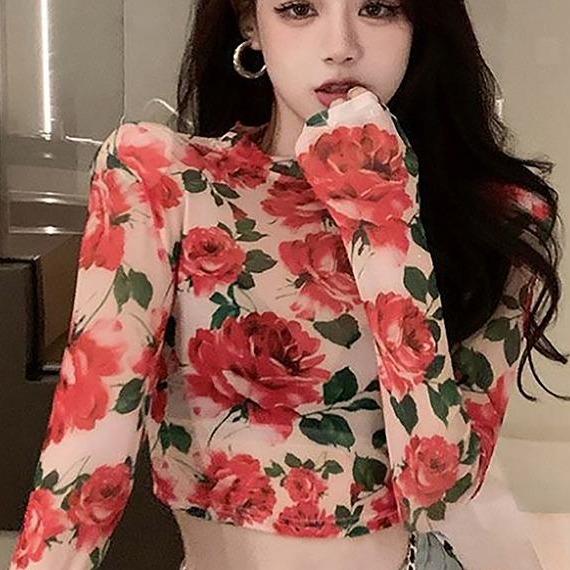 Áo Thun Dài Tay Cổ Tròn Cho Nữ, Áo Crop Top Mỏng, Retro, Hoa, Mùa Xuân 2